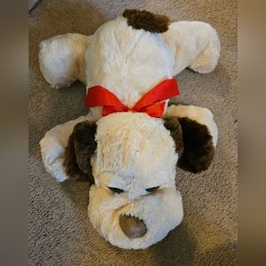 Plush Cream and Brown Dog Stuffed Animal Toy with Red Bow